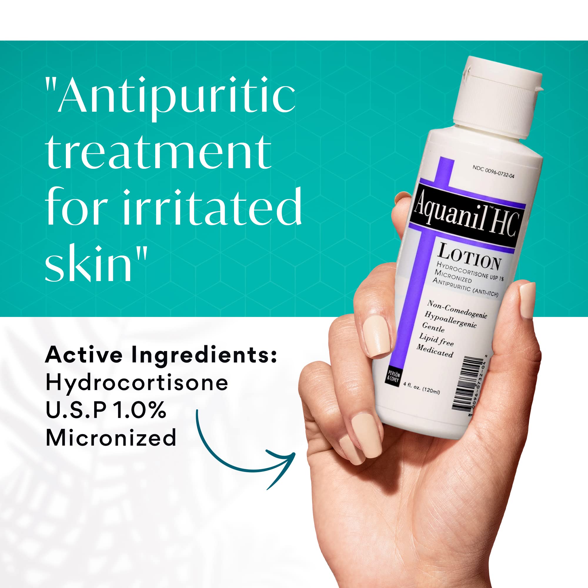 Aquanil HC Lotion bottle back label highlights 1% hydrocortisone and hypoallergenic formula