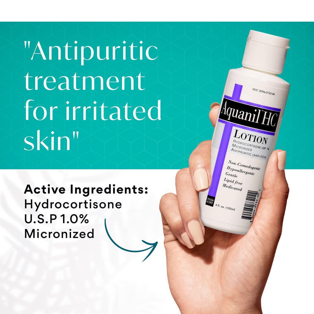 Aquanil HC Lotion bottle back label highlights 1% hydrocortisone and hypoallergenic formula