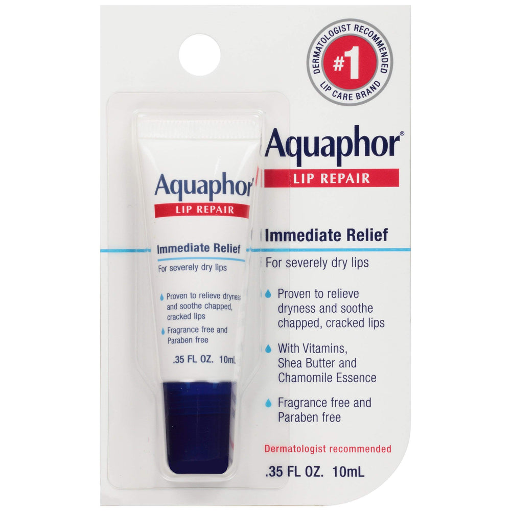 Aquaphor Lip Repair 0.35 oz tube with angled applicator for easy, soothing lip care.
