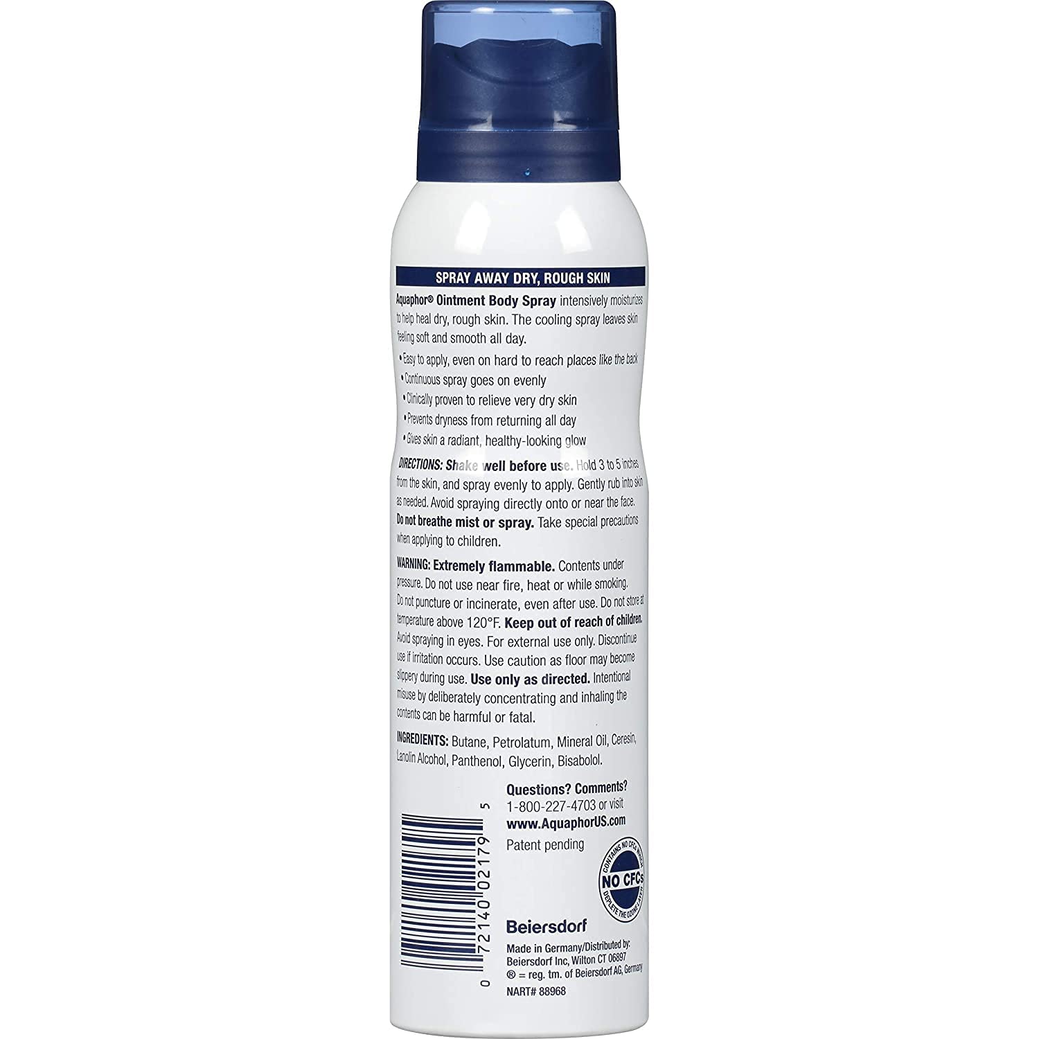 Aquaphor Ointment Body Spray's water-free formula locks in lasting moisture.