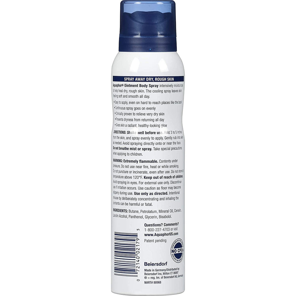 Aquaphor Ointment Body Spray's water-free formula locks in lasting moisture.