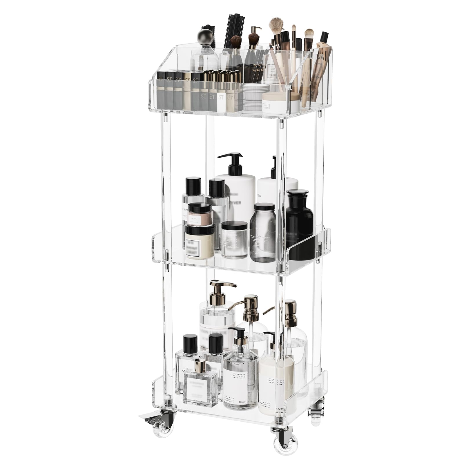 Aquiver makeup cart top divisional display keeps brushes and cosmetics organized and accessible.