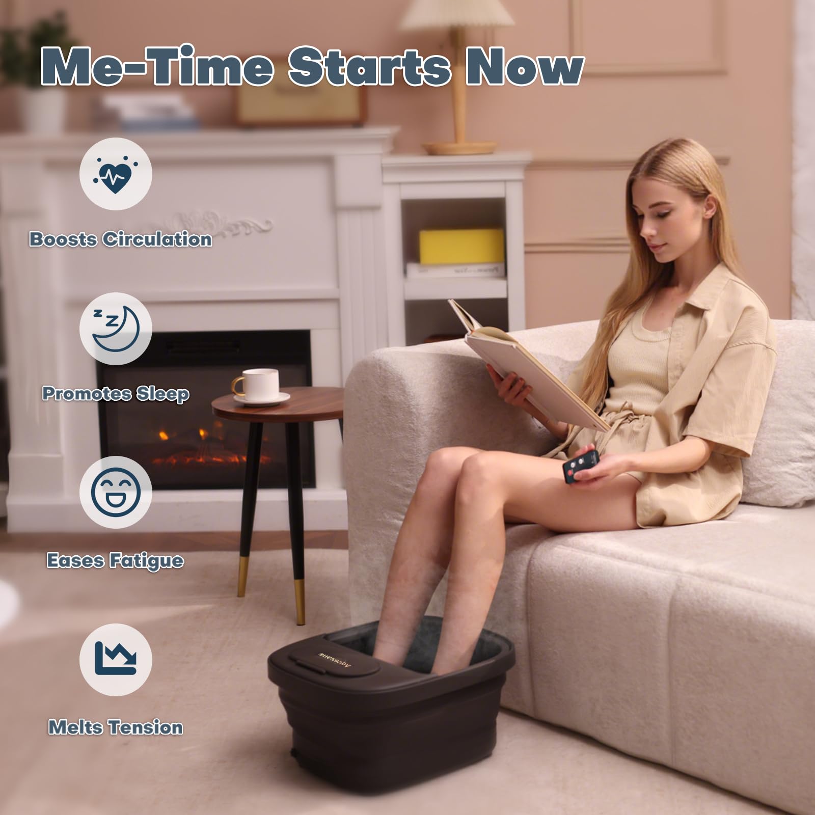 Aqvesane foot spa tub demonstrates auto-reheat to maintain warmth during a long soak