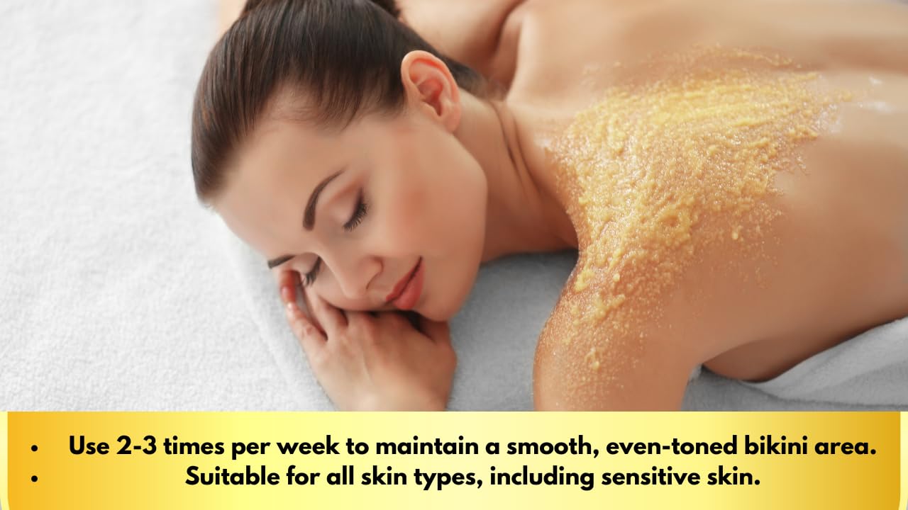 ArabelsNaturals brightening bikini scrub nourishes pubic skin for a refreshed feel.