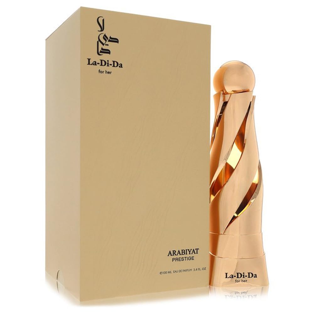 Arabi yat Prestige La Di Da EDP bottle on a vanity, ideal for elegant evenings.