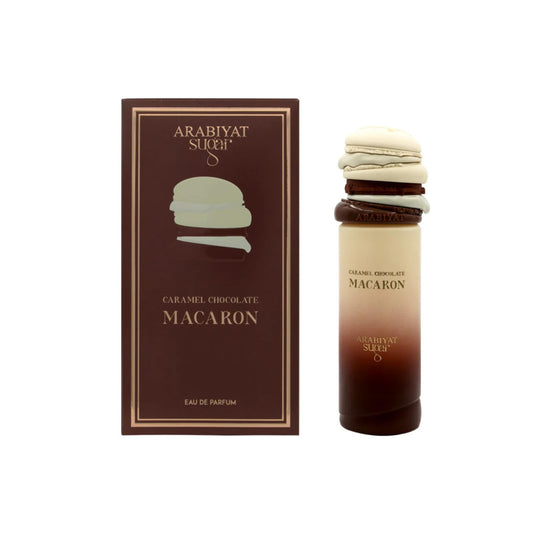 Arabiyat Sugar Caramel Chocolate Macaron EDP bottle front, a warm gourmand scent for evenings.
