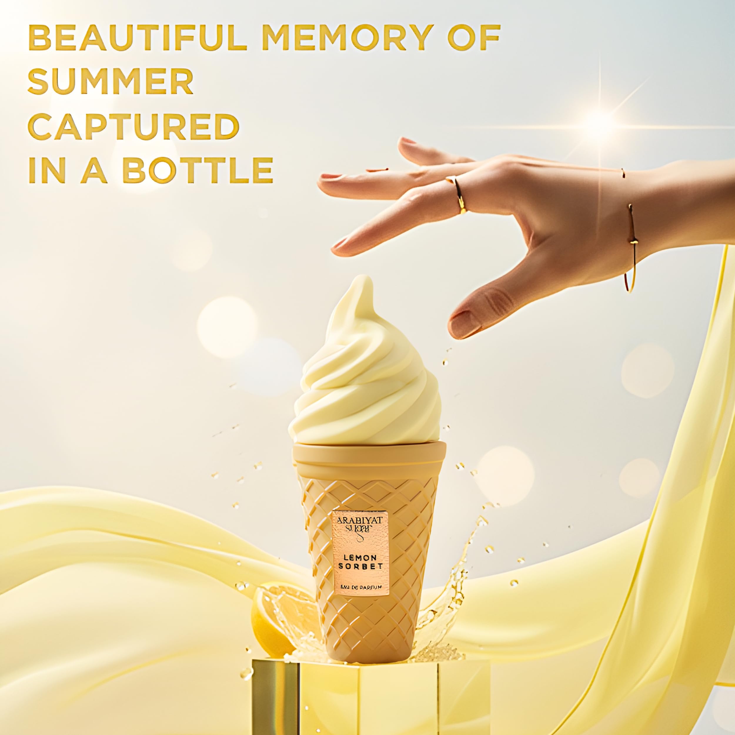 Arabiyat Sugar Lemon Sorbet bottle on vanity with sunshine glow for mornings.