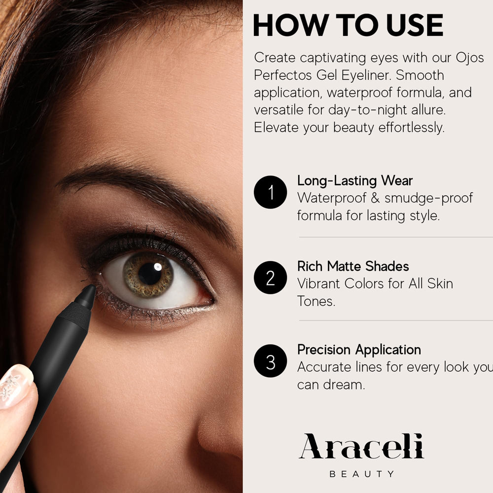 Araceli Gel Pencil Eyeliner creamy glide enables easy tightlining and wings.
