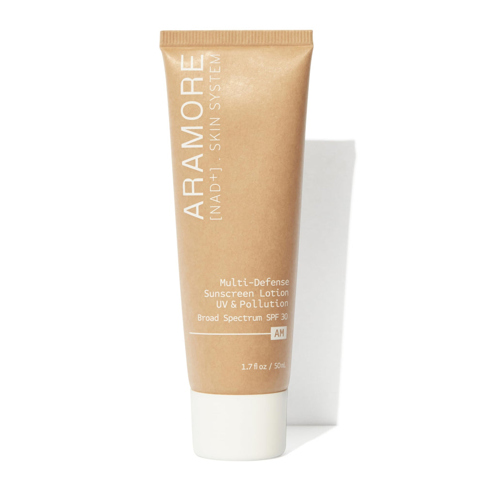 Aramore Multi-Defense Lotion SPF 30 bottle with mineral protection and clean design.