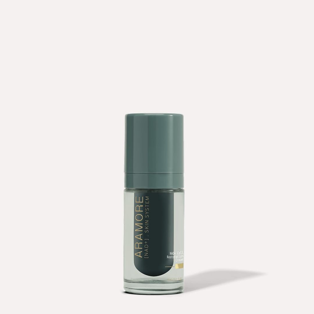Aramore NAD+ Cell Restoration Cream jar close-up showing hydration-rich texture