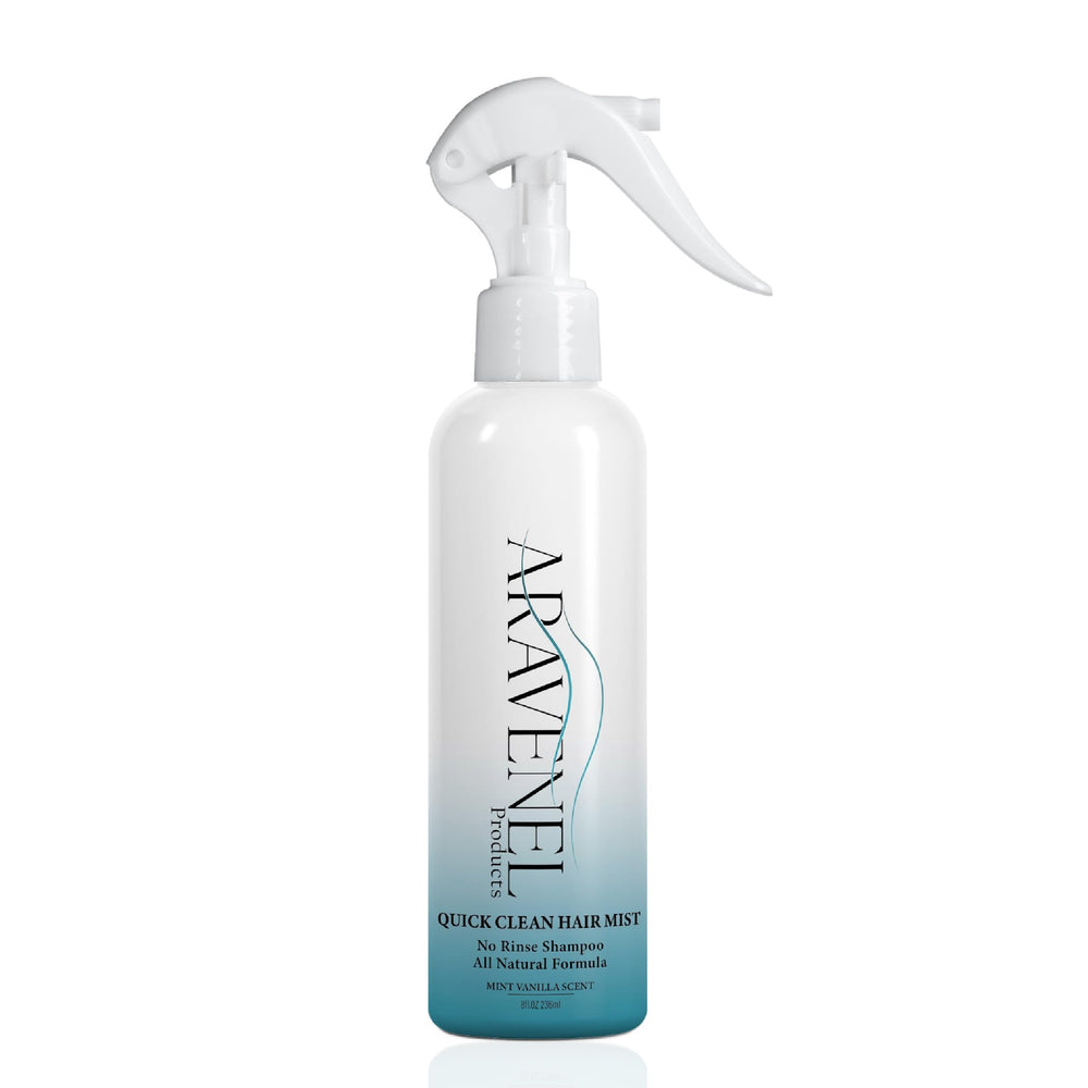 ARAVENEL Quick Clean Hair Mist bottle shows all-natural formula for scalp refreshment.