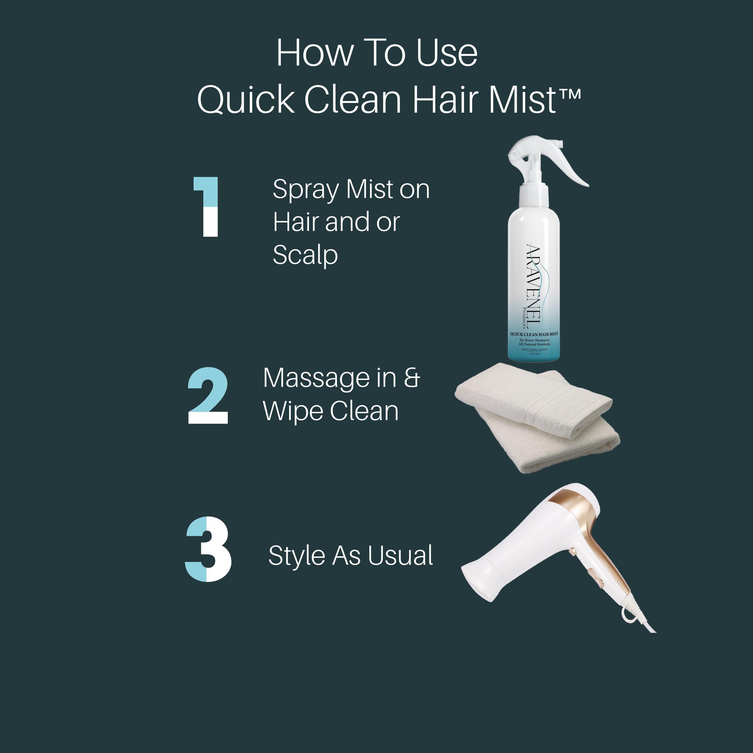 ARAVENEL Quick Clean Hair Mist odor-neutralizer with peppermint-vanilla scent refreshes hair.