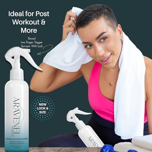ARAVENEL Quick Clean Hair Mist bottle highlights no-rinse formula for easy maintenance.