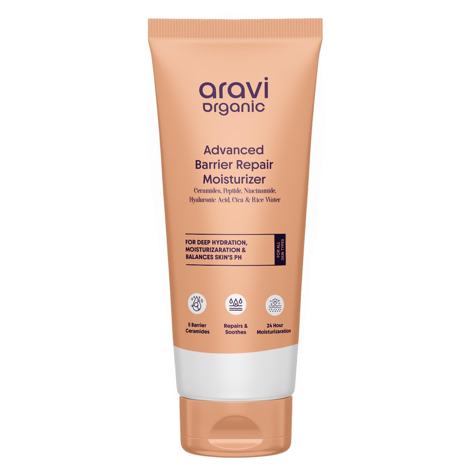Aravi Organic Advanced Barrier Repair Moisturizer bottle in a clean bathroom for daily hydration