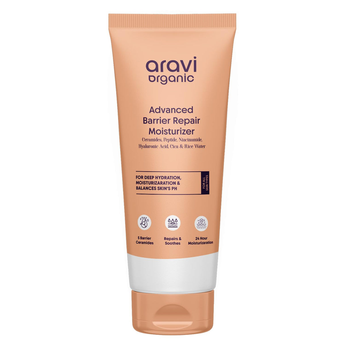 Aravi Organic Advanced Barrier Repair Moisturizer bottle in a clean bathroom for daily hydration