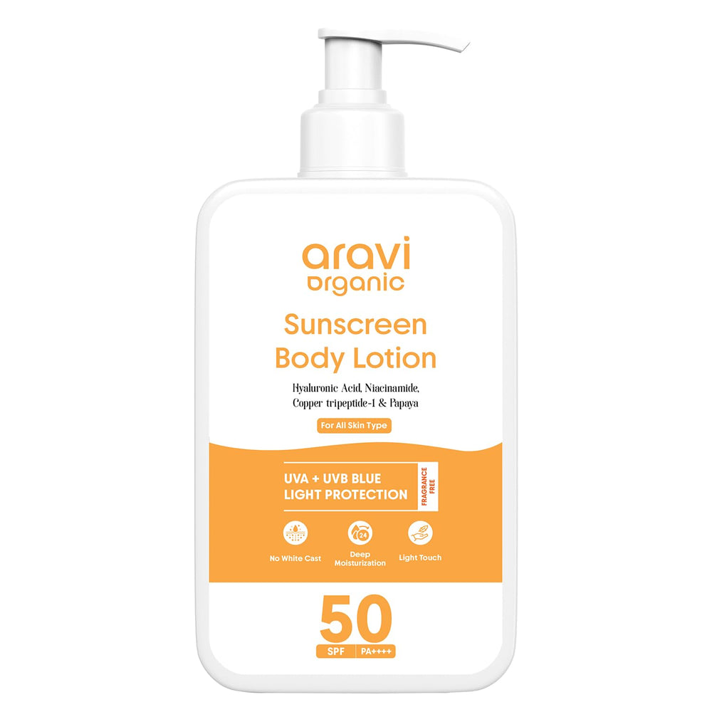 Aravi Organic Sunscreen Body Lotion on arm showing even protection during outdoor activities.