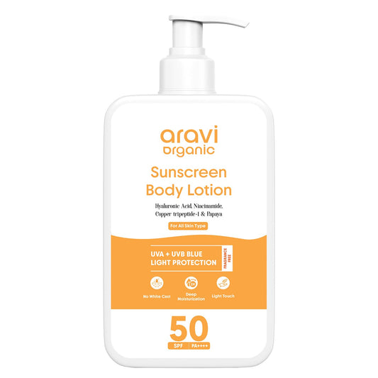 Aravi Organic Sunscreen Body Lotion on arm showing even protection during outdoor activities.