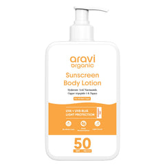 Aravi Organic Sunscreen Body Lotion on arm showing even protection during outdoor activities.