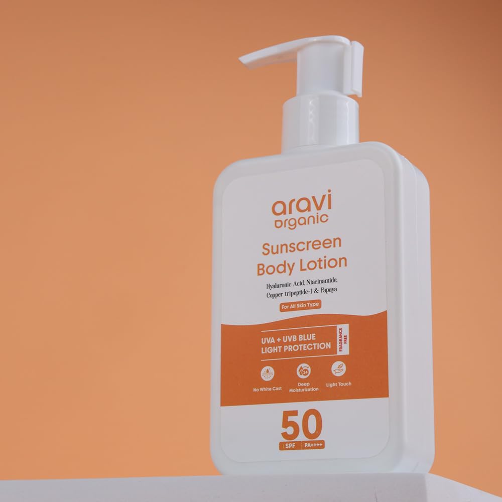 Aravi Organic Sunscreen Body Lotion with hydrating hyaluronic acid.