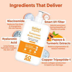 Aravi Organic Sunscreen Body Lotion SPF50 PA++++ bottle close-up.
