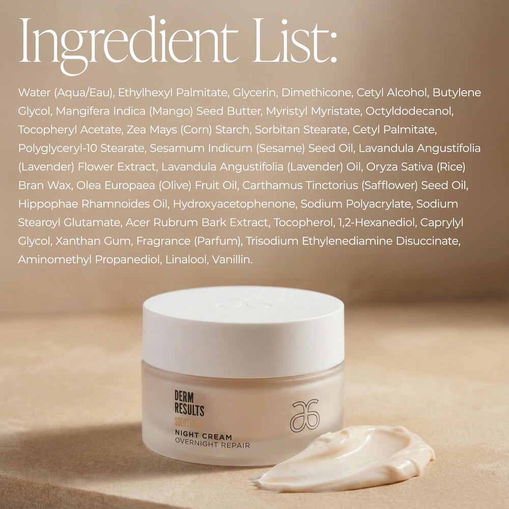 Arbonne DermResults Night Cream packaging box showcases eco-conscious certification.