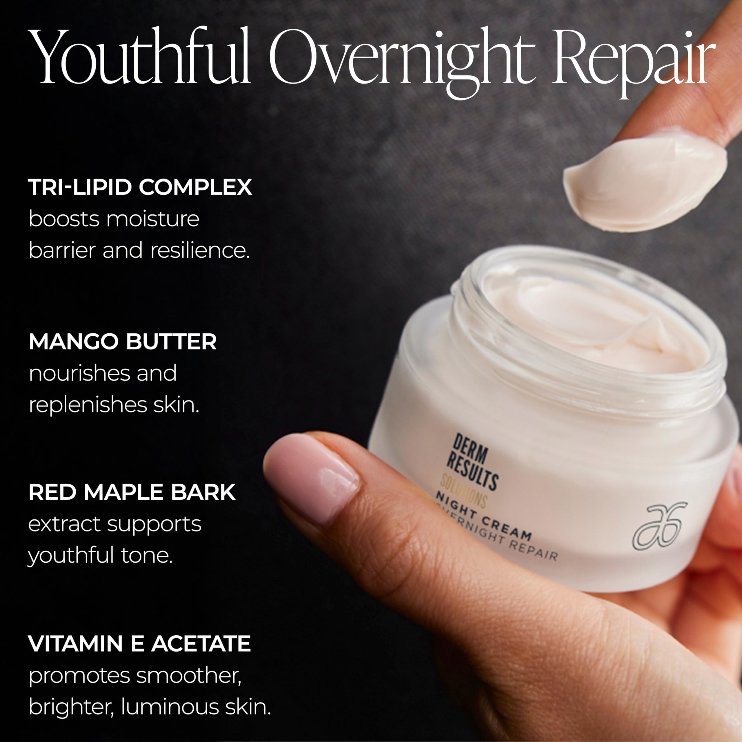 Arbonne DermResults Night Cream texture close-up demonstrates cushiony formula.