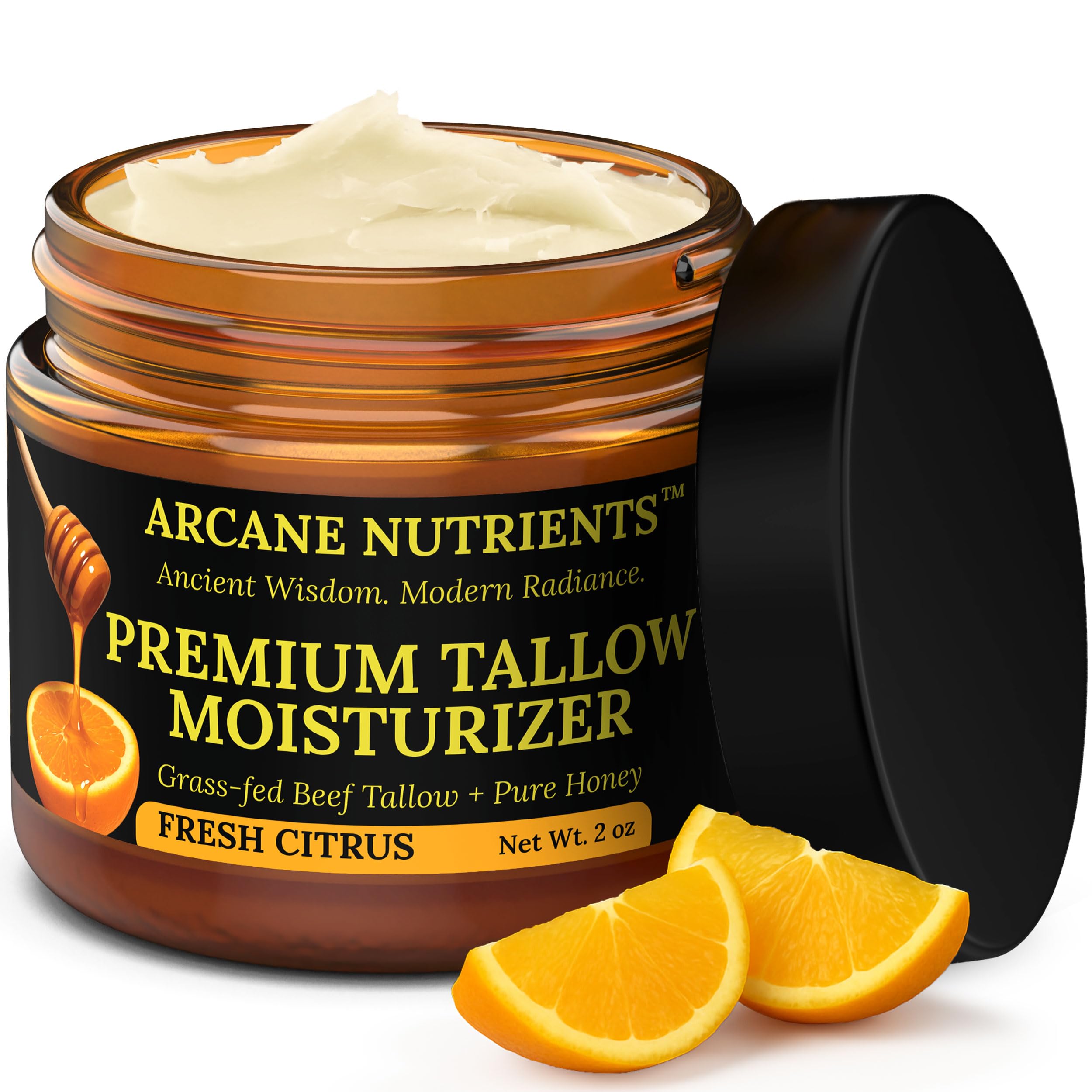 ARCANE NUTRIENTS grass-fed beef tallow balm jar shows rich moisturizing texture.