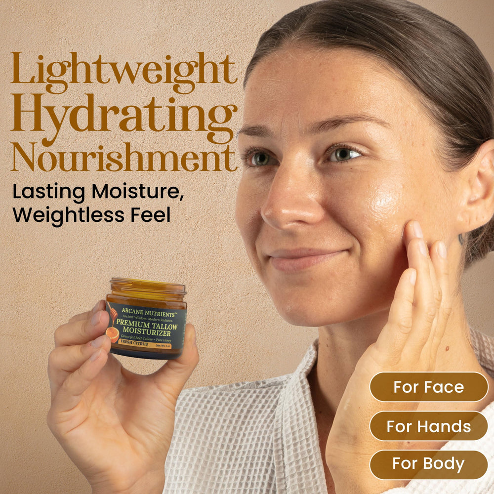 ARCANE NUTRIENTS tallow-honey balm texture close-up communicates softness.