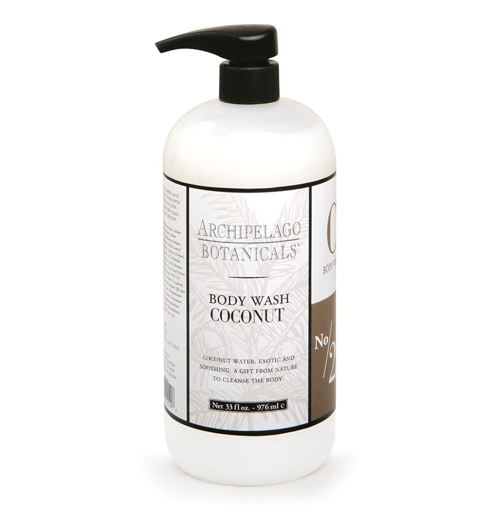 Archipelago Botanicals Coconut Body Wash bottle on shelf for gentle daily cleanse.