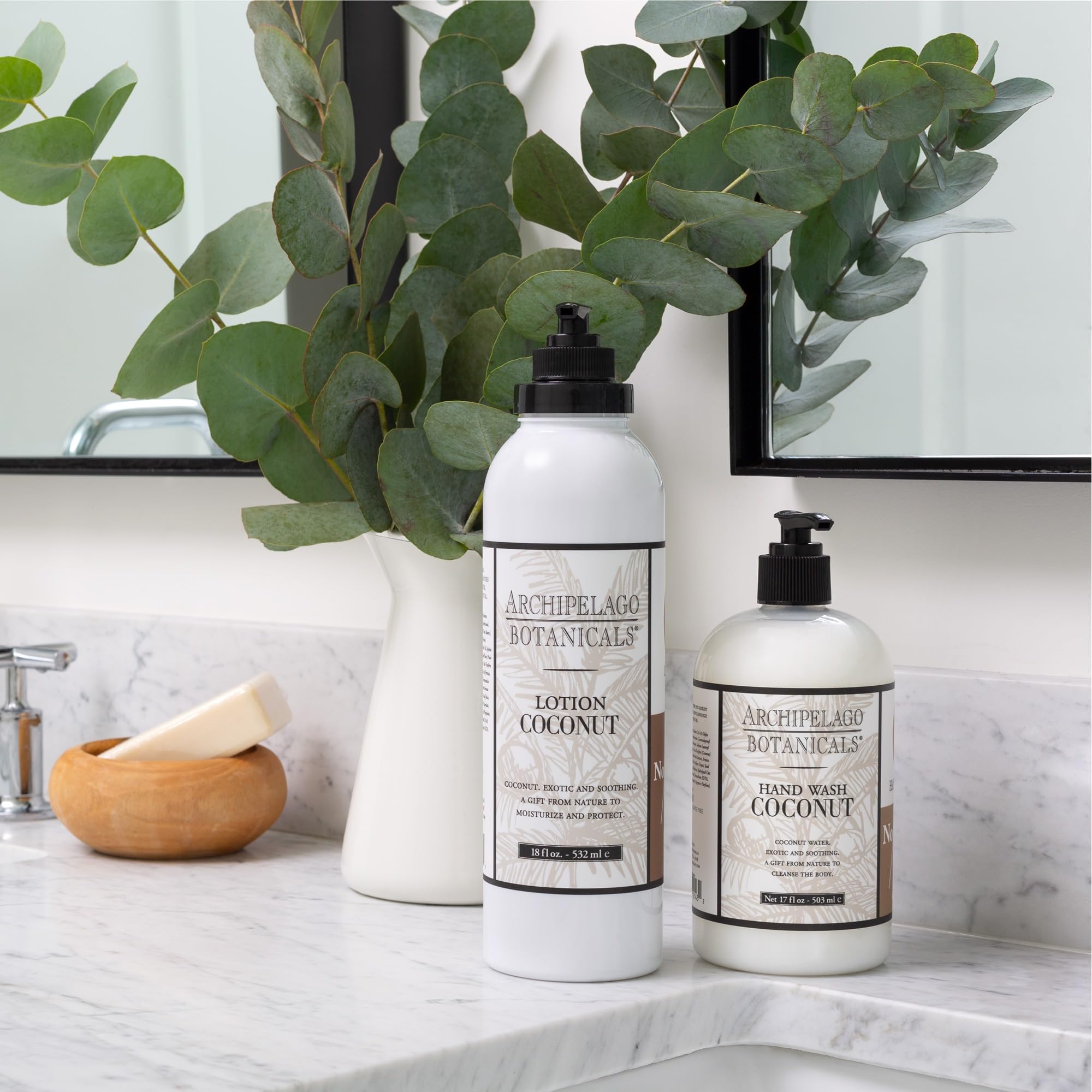 Archipelago Coconut Lotion ingredients label showcasing botanical base.