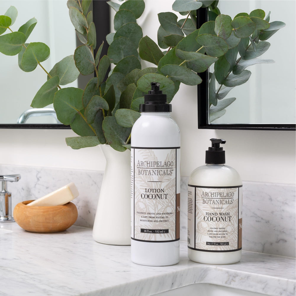 Archipelago Coconut Lotion ingredients label showcasing botanical base.