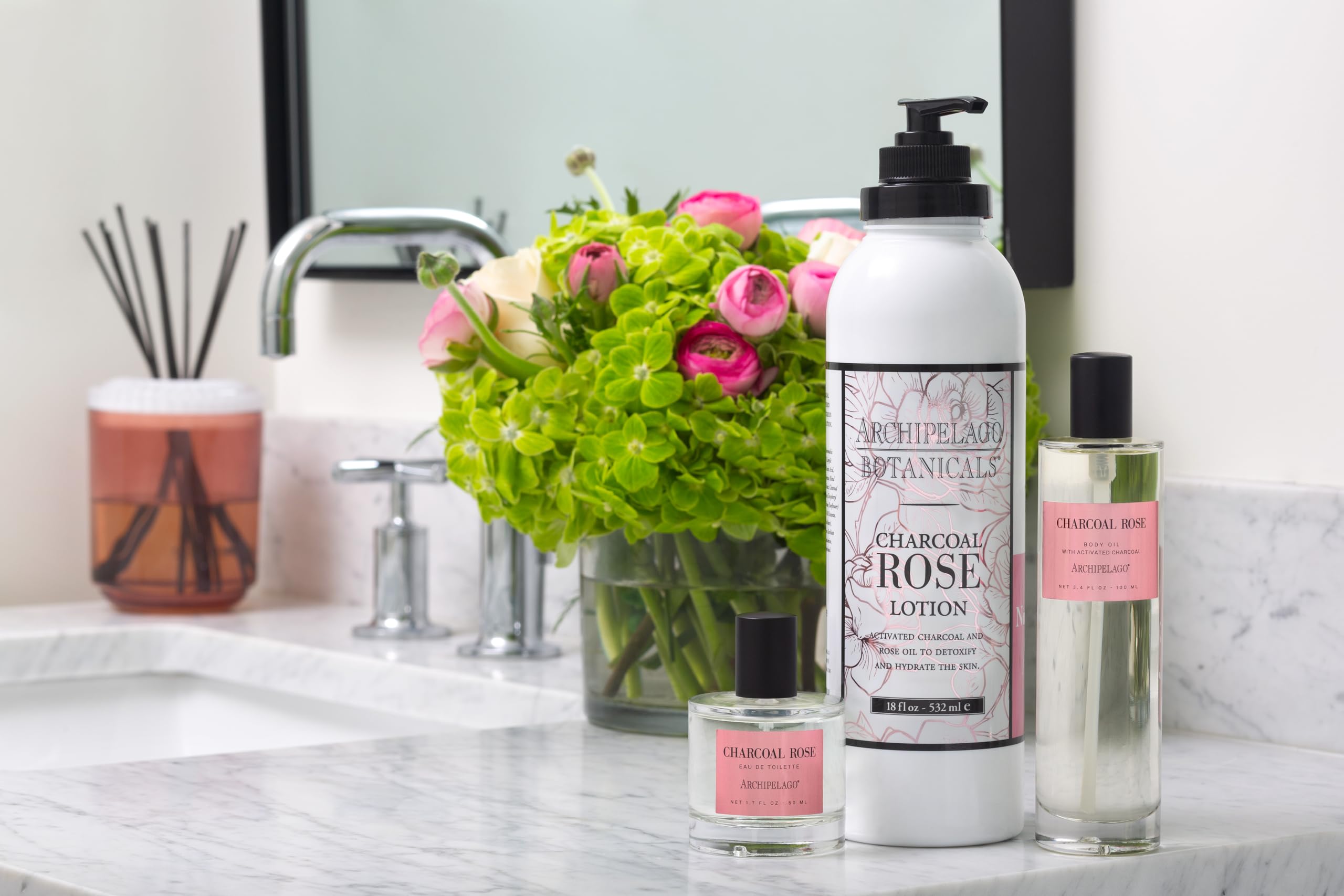 Archipelago Charcoal Rose travel pack image highlighting TSA-size bottle.