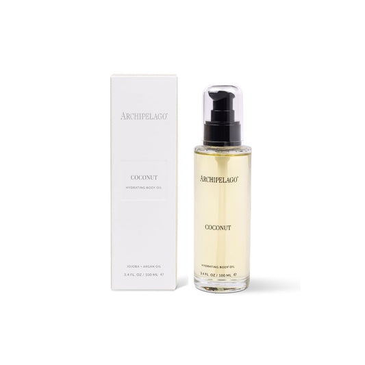 Archipelago Botanicals Coconut Hydrating Body Oil bottle showcases tropical hydration and soft skin promise.