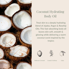 Close-up of Archipelago Botanicals Coconut Hydrating Body Oil label highlighting coconut-based moisture benefits.
