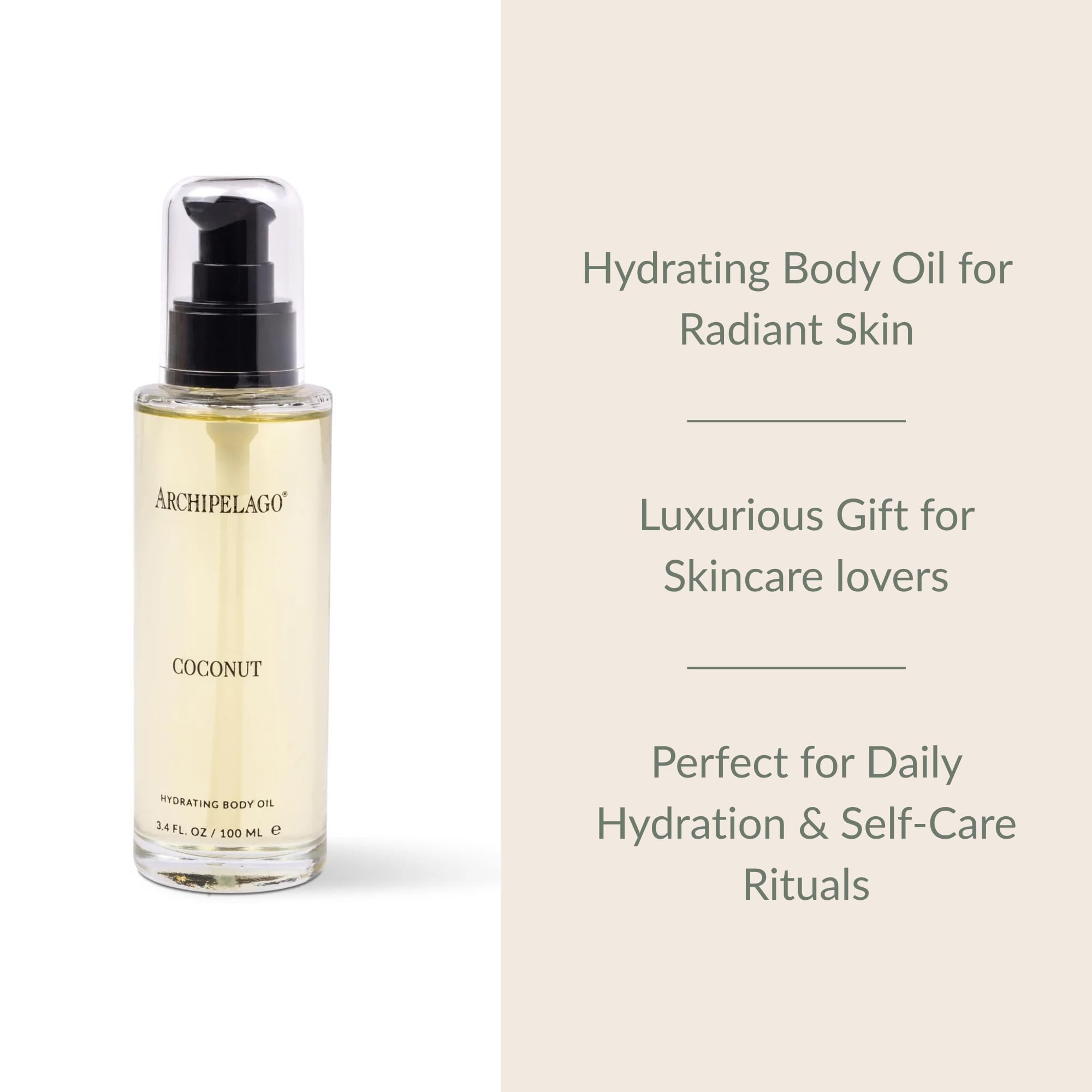 Archipelago Botanicals Coconut Hydrating Body Oil ingredients including coconut, tamanu, and sea buckthorn for enriched hydration.