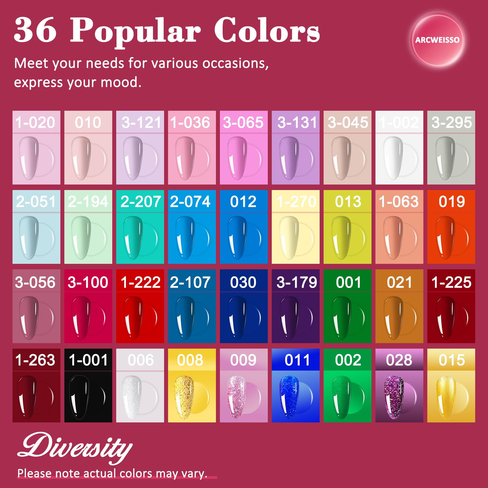 ARCWEISSO 36 colors gel polish set offers versatile color options.
