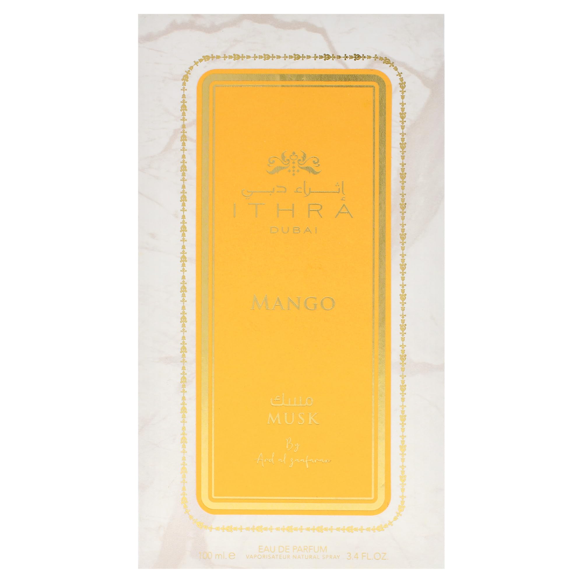 Ard Al Zaafaran Ithra Dubai Musk Mango box presenting a gift-ready packaging experience.