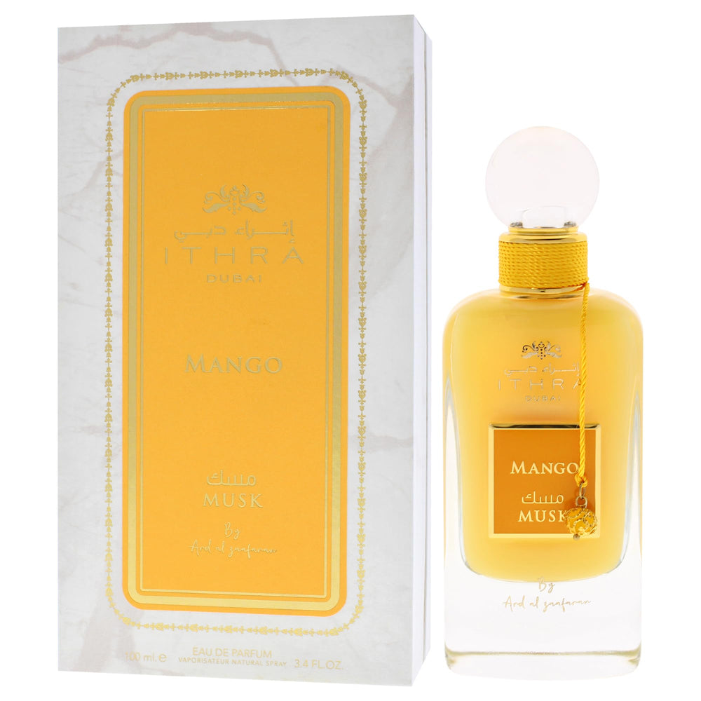 Ard Al Zaafaran Ithra Dubai Musk Mango label indicating authentic branding and quality.