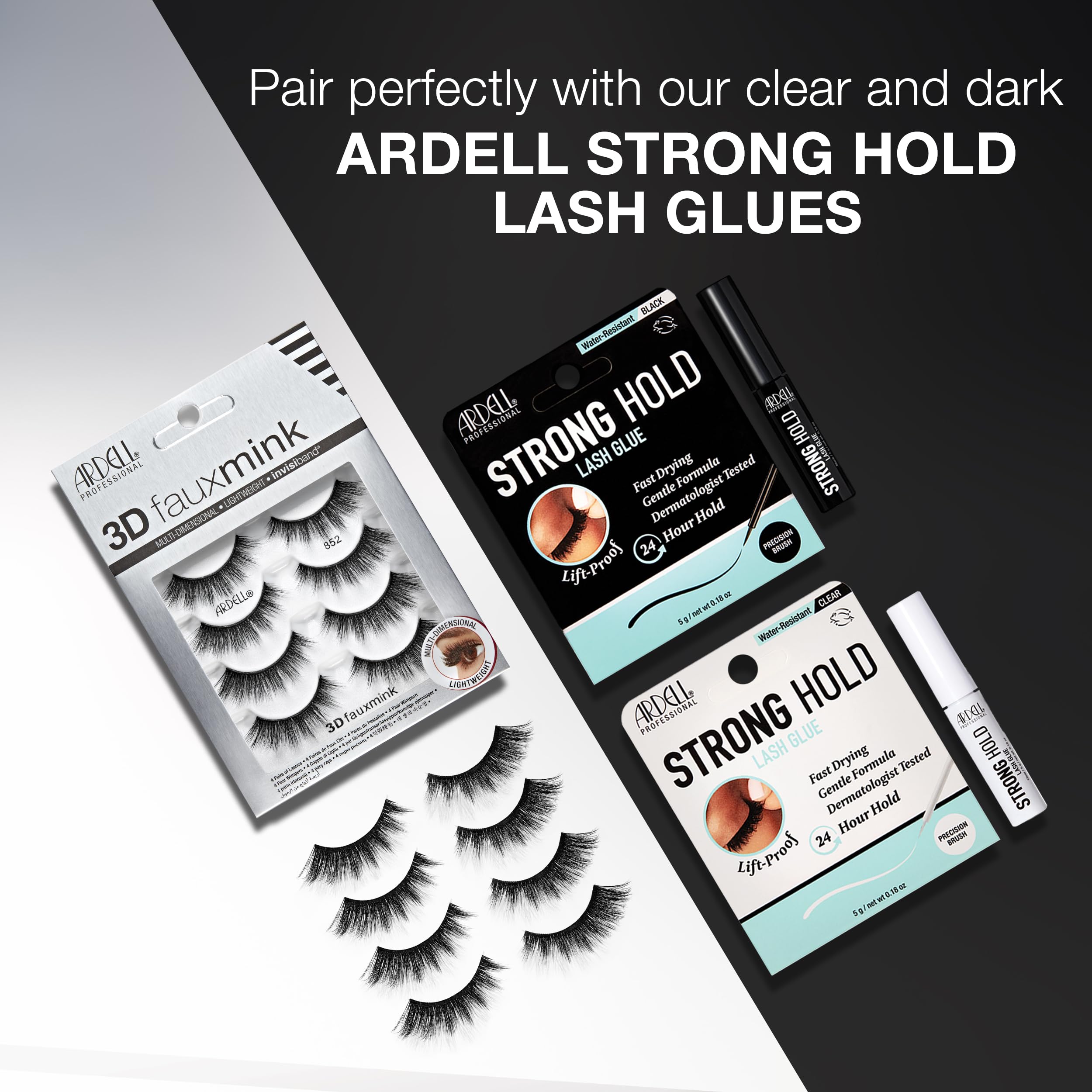Ardell 3D Faux Mink 852 lashes in a four-pair pack ready to use.