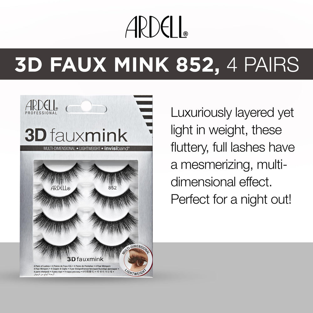 Ardell 3D Faux Mink 852 lashes featuring ultra-lightweight band for comfort.