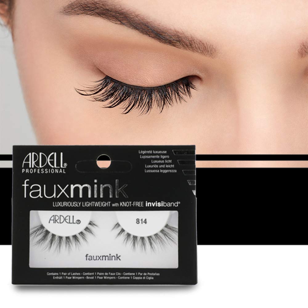 Ardell Faux Mink Lashes 814 Black worn on eye demonstrates natural, lightweight glamour.