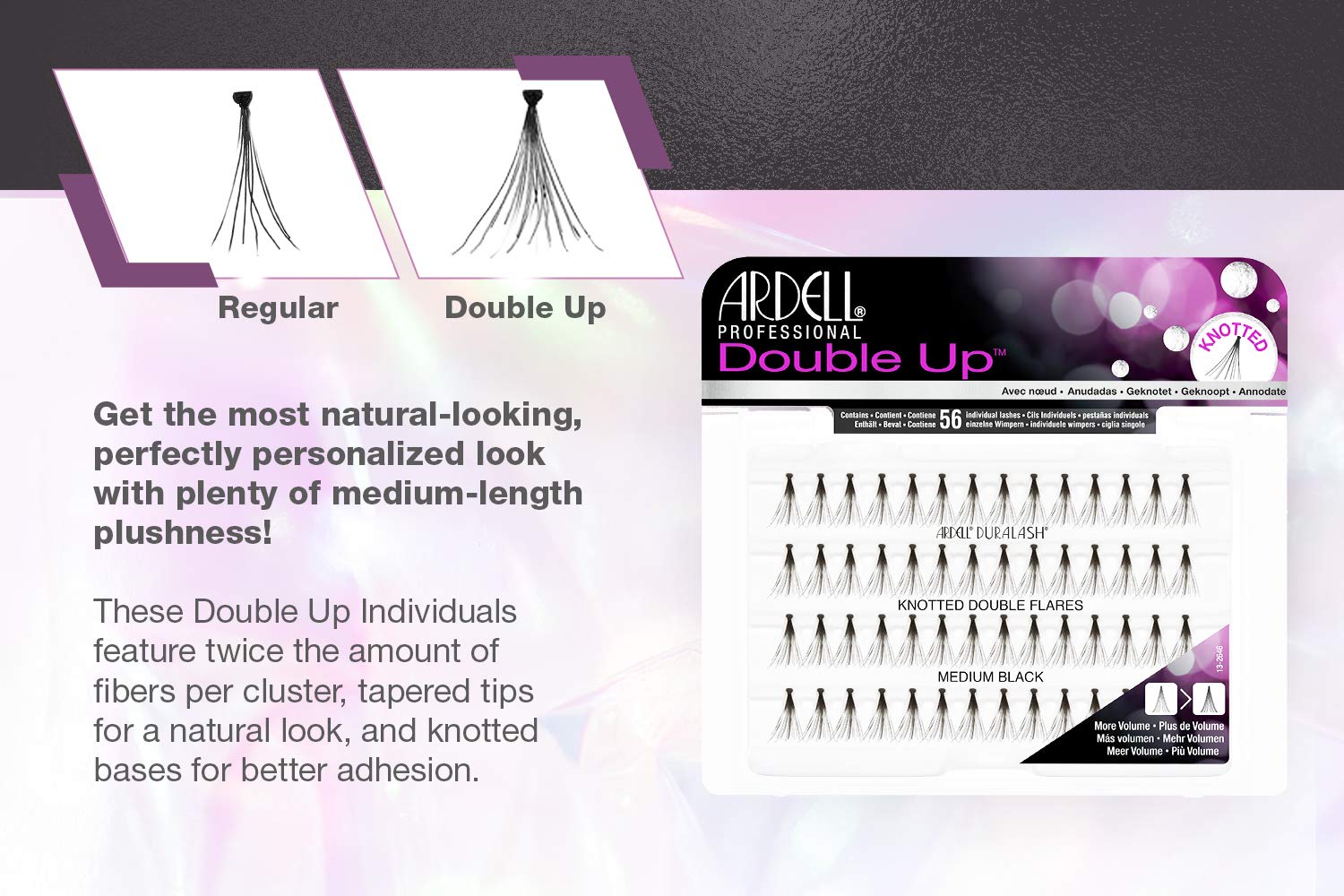 Ardell knotted feathered lashes medium black close-up highlights natural, comfortable wear.