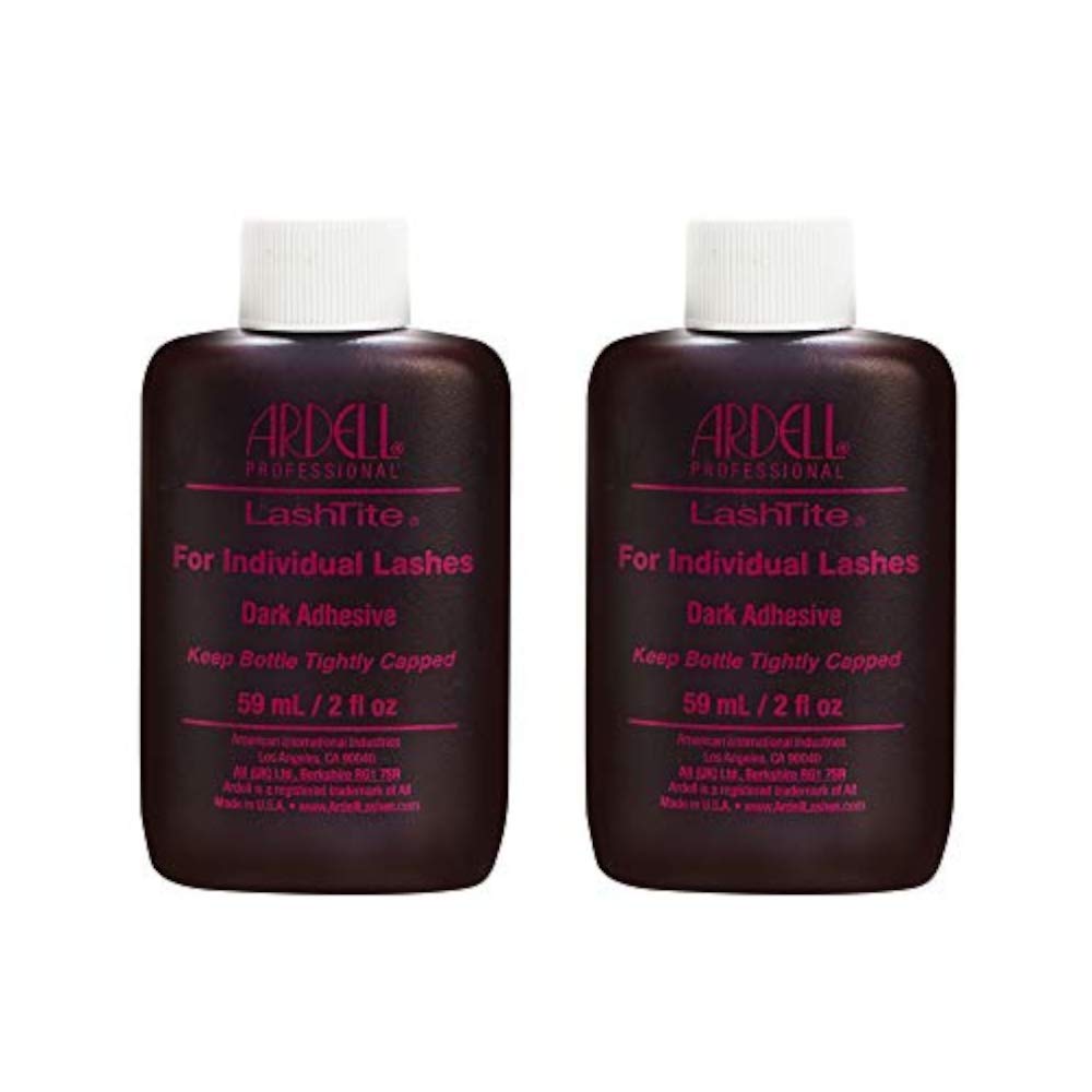 Ardell LashTite dark adhesive bottle close-up highlighting fast-drying, long-lasting hold for individual lashes.