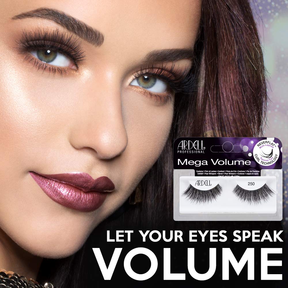Ardell Mega Volume 250 lashes deliver fluffy wispy effect for radiant, wide-eyed drama.