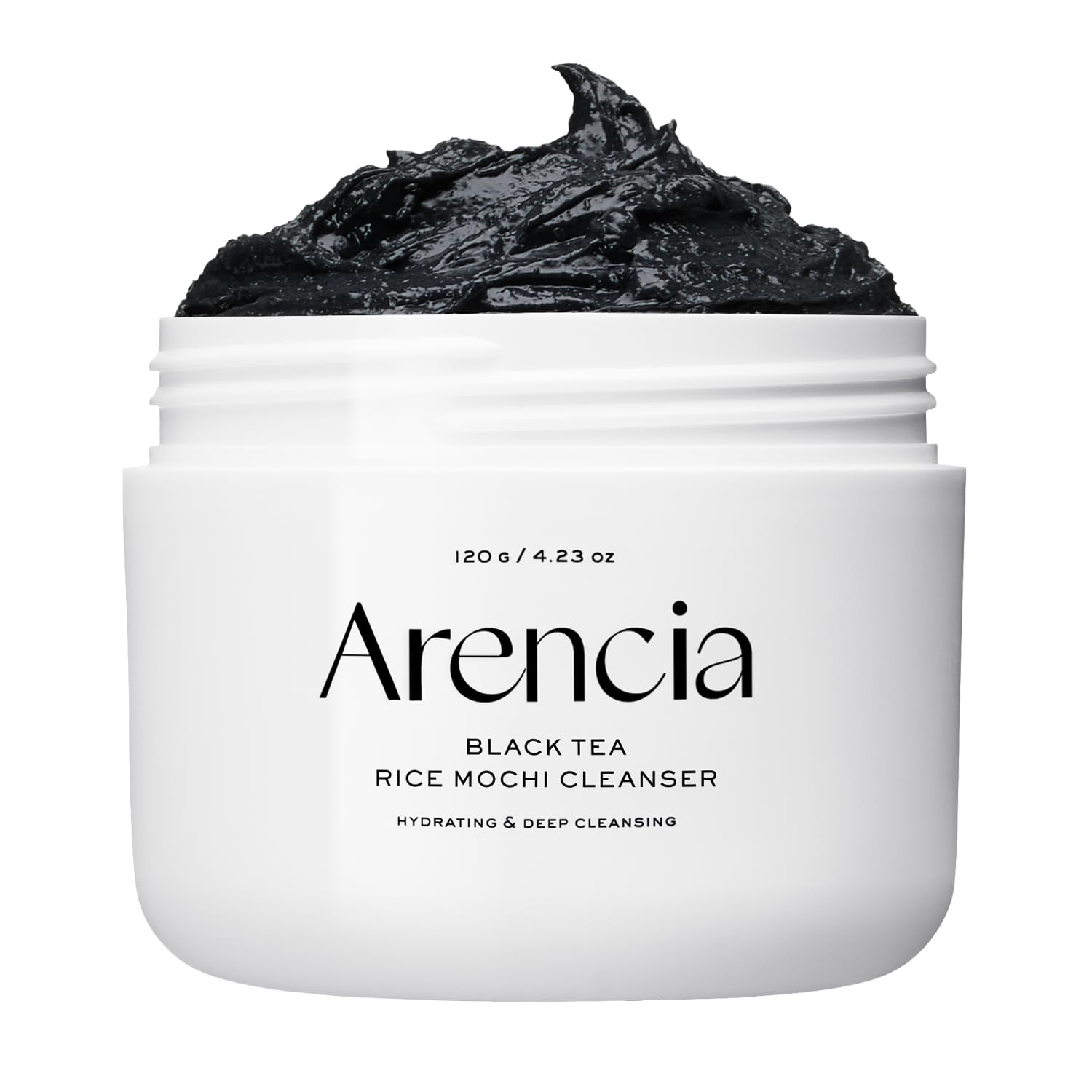 ARENCIA Black Tea Rice Mochi Cleanser bottle close-up showing gentle exfoliation for smoother pores.