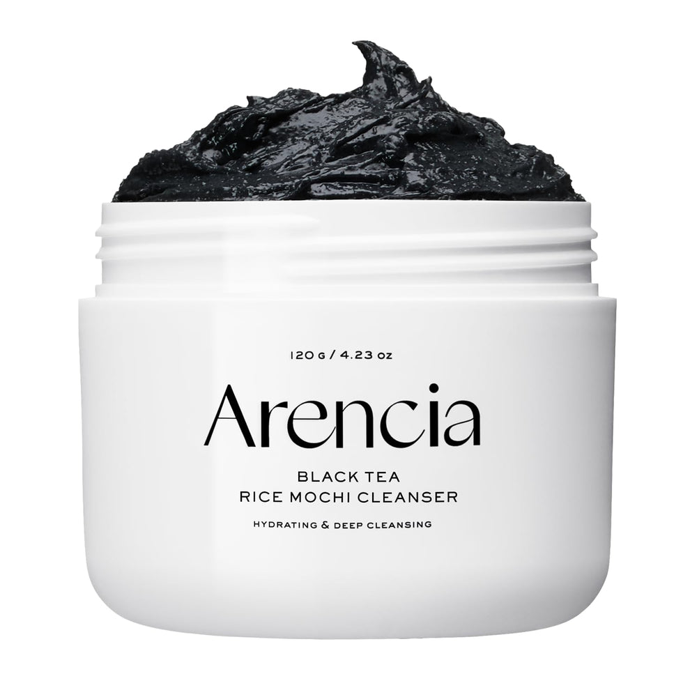 ARENCIA Black Tea Rice Mochi Cleanser bottle close-up showing gentle exfoliation for smoother pores.
