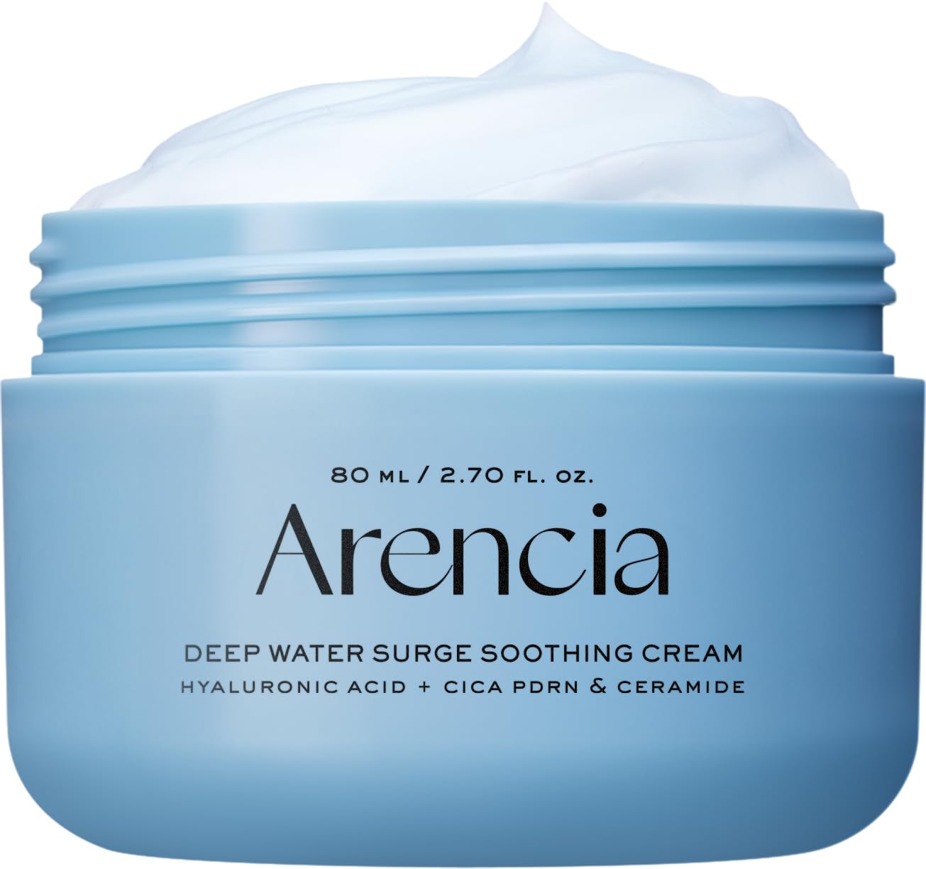 ARENCIA Deep Water Surge Cream jar shows premium blue packaging and hydration focus.