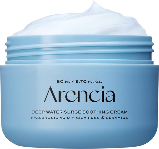 ARENCIA Deep Water Surge Cream jar shows premium blue packaging and hydration focus.
