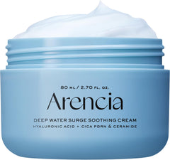 ARENCIA Deep Water Surge Cream jar shows premium blue packaging and hydration focus.
