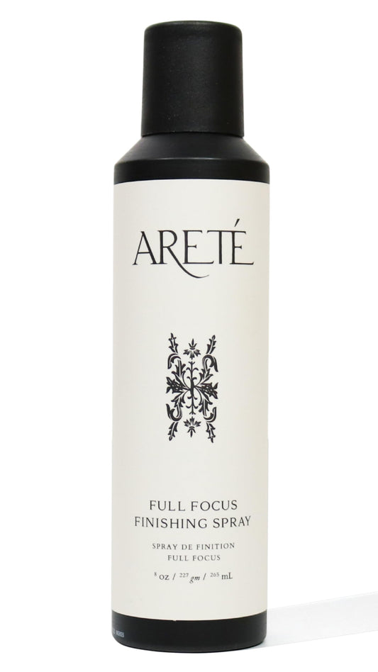ARETÉ Full Focus Finishing Spray delivers strong hold for lasting style on all hair types.